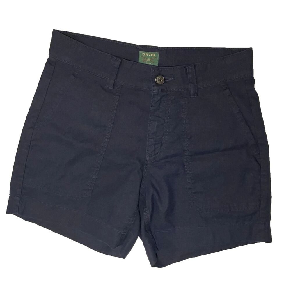 Orvis Mens 32 Navy Blue Linen Sorona Shorts 7" Inseam Outdoor Chino Pockets